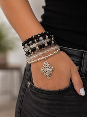 Midnight Elegance Memory Wire Wrap Bracelet with Crystal Filigree Charm